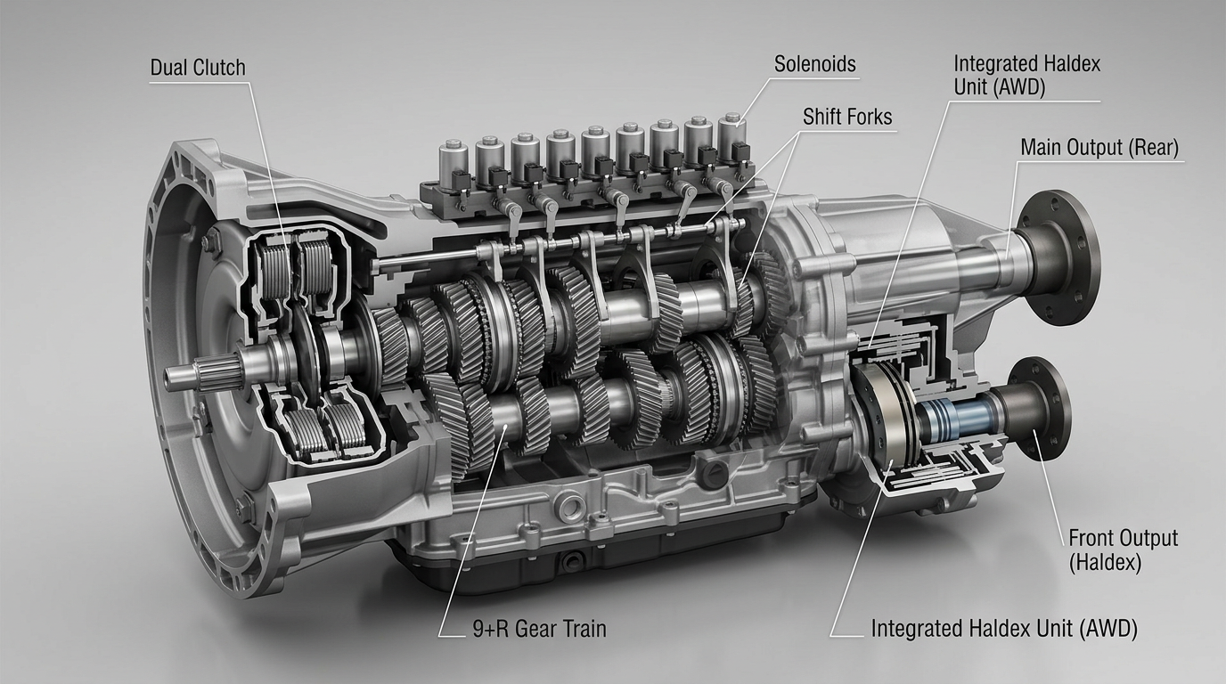 SC1000-Getriebe: 9 Gänge + R, Solenoide pro Gang mit Schaltgabeln, Doppelkupplung, integrierte Haldex-Kupplung mit Abtrieb zur Vorderachse